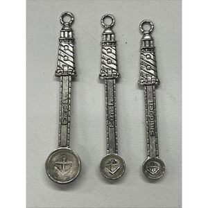 Tiny‎ Measuring Spoons Lighthouse Silver Tone DASH PINCH SMIDGEN Pewter Vintage